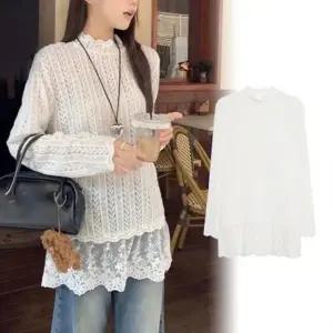 러블리 여성 레이스 프릴 반목 시스루블라우스 흰색 레이어드 이너 블라우스