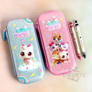 위시캣 투명 엠보 필통펜슬케이스 필기구통 케이스 연필 파우치 멀티치 팬시