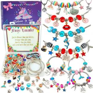 소녀를 위한 참 팔찌/보석 제작 키트 유니콘 생일 선물 5 6 7 8 9 12 세 예술 공예 장난감