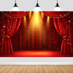 7X5피트 레드 스테이지 커튼 배경 골드 스포트라이트 글리터 스타 결혼식 생일 파티 무대 쇼 사진 부스 벽