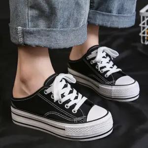 사무실 속굽 키높이 잇템 블로퍼 실내화 5.5cm 학교 캔버스 통굽 여성 학생 뮬슬리퍼 기획상품 회사