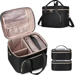 프로크바 여행용 메이크업 백 2개의 파우치와 조절 가능한 칸막이 여성용 대형 화장품 케이스 정리함 세로