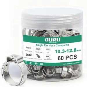 OURU 60PCS 싱글 이어 호스 클램프 10.3-12.8mm 304 스테인리스 스틸 자동차 파이프 배관용 스텝리스 조절