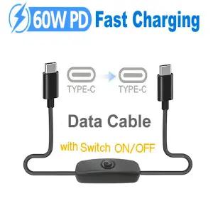 USB C to C 타입 케이블 온오프 스위치 포함 20V 3A PD 60W 고속 충전 전송 남-남 타입-C 전원 스위치 코드