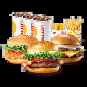 롯데리아 메가데이 3인팩 (리아 불고기베이컨 + 클래식치즈버거 + 핫크리스피치킨버거 + 포테이토R + 치즈스틱 + 콜라R 3잔)
