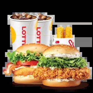 롯데리아 통다리 치킨버거 2인팩 (통다리 크리스피(그릭랜치/파이어핫 선택가능) + 리아 새우베이컨 + 치즈스틱 + 콜라R 2잔)