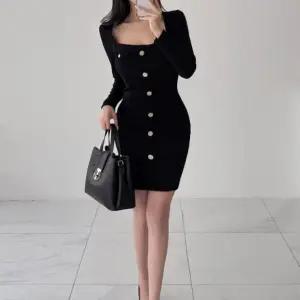 [하프클럽/]여자 골드버튼 트임 슬림핏 긴팔 미니 원피스
