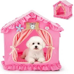펫조이 핑크 도그 하우스 텐트 ？ 프린세스 실내 개 및 고양이 침대 커버 소형 반려동물을 위한 통기성 세탁