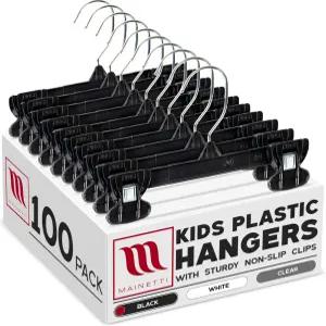 마이네티 6008 블랙 플라스틱 옷걸이 회전 금속 고리와 튼튼한 플라스틱이 포함된 100팩