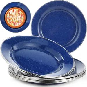 Sawysine 8개 에나멜 캠핑 접시 10인치 원형 식기 세트 필수품 배낭 낚시 BBQ 농가 피크닉 디너