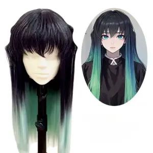 귀멸의칼날 무이치로 가발 코스프레 그라데이션 긴생머리 코스튬 애니 캐릭터 할로윈 소품