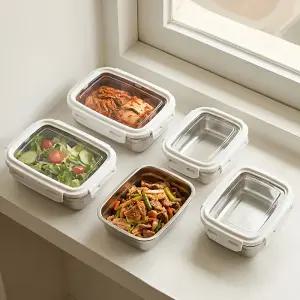 직사각 스텐 밀폐용기 5종세트 / 무연마 스텐 반찬통 김치통 냉장고용기