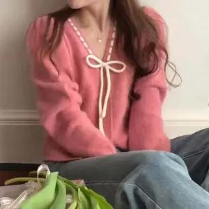 여자가디건 여성 봄 가을 핑크 니트 브이넥 예쁜 리본 가디건