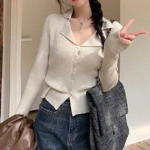 여성 골지 카라 슬림핏 가디건 1P 니트 간절기 긴팔 슬림핏가디건