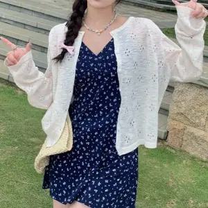 여성 여름 봄 휴양지 얇은 펀칭 긴팔 가디건 크림 여성여름가디건