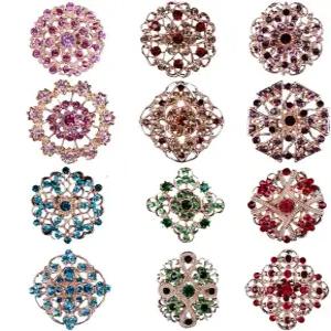 결혼 부케 파티 장식 브로치 세트용 라인스톤 크리스탈 플라워 핀이 있는 여성용 금 또는 은 및 핀 세트