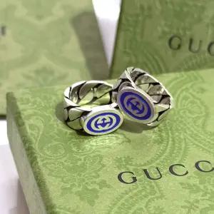 구찌 여성 실버 블루 에나멜 인터로킹 GG 링 반지