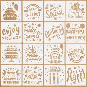 JIYIN 케이크용 생일 축하 스텐실 16개 5.9 x 인치 재사용 가능한 해피 빗데이 케이크 쿠키 빵 커피 페인팅