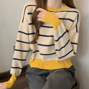 (색상 레드)여성 크롭기장 줄무늬 니트티 가을 겨울 니트티셔츠