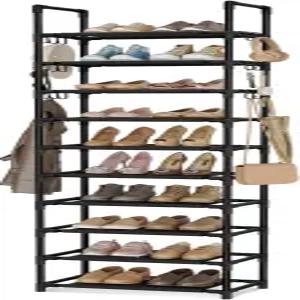 VTRIN 10단 높이 신발장 20-25켤레의 튼튼한 수직 신발 정리함 18개의 후크가 있는 수납 가능한 좁은 입구