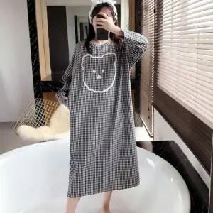 (색상6 블랙)곰돌이 체크 수면 잠옷 홈웨어 롱 긴팔 원피스 세트