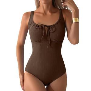 알렘드르 여성 텍스처 원피스 수영복 배 조절 수영복과 보타이 매듭 컷아웃 루칭