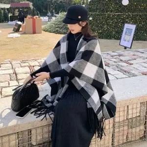 프레임 체크 케이프 망토 판쵸 가디건 어깨 담요 숄 목도리 간절기 패션 바람막이