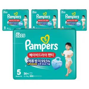팸퍼스 2025 저자극 흡수력좋은 베이비드라이 팬티형 기저귀 남녀공용 5단계 144매