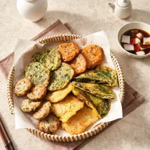 쿡생 대용량 모듬전 1kg 업소용 분식 튀김 안주 냉동전 부침개 김치전 깻잎전 고기완자 동태전 부추전