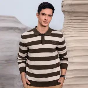 JEEP SPIRIT 남성용 스트라이프 두꺼운 스웨터 부드러운 긴팔 니트 카라 티셔츠