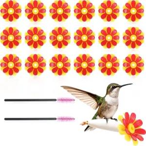 타이쿠르 18개 벌새 모이통 부품 교체 꽃 노란색 및 빨간색 창문 플라스틱 2개 청소 브러시 포함