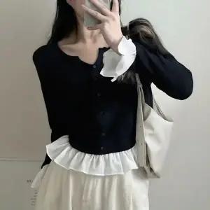 데일리 여성 라운드넥 트임 프릴 쉬폰 니트 탑 (KYR-WFJTTQ8)