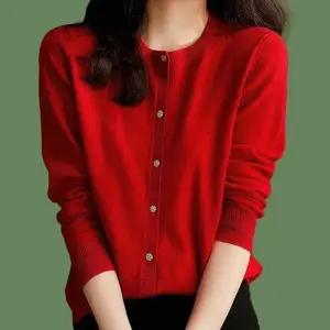 여성 봄 가을 무지 라운드 예쁜 단추 가디건 레드 (KYR-WD3A564)