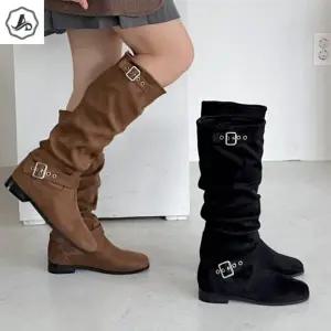 [애슬릿] 롱 부츠 여성 겨울 슬림 슬라우치 셔링 버클 발 편한