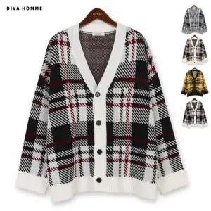 [디바옴므]언로우 체크 오버핏 니트 가디건
