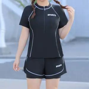 빅사이즈 스포츠라인 하프집업 반팔+반바지 여성용 래쉬가드 수영복 세트 63035