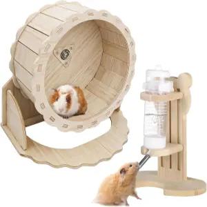 2 PCS 나무 무소음 햄스터 휠 및 물병 세트 8.6인치 기니 피그 조절 가능한 물 디스펜서 스탠드 게르빌
