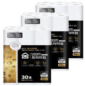 숨 프리미엄 블랙 3겹 부드러운 천연펄프 30m 30롤 3팩 무형광 화장지 휴지 두루마리