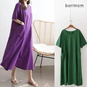 [보리보리/보리맘]린넨 비비V 루즈핏 롱 원피스 리넨 코튼 직장인 임부복  WM403