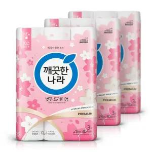 깨끗한나라  벚꽃  프리미엄 데코 화장지 3겹 28m 30롤 3팩