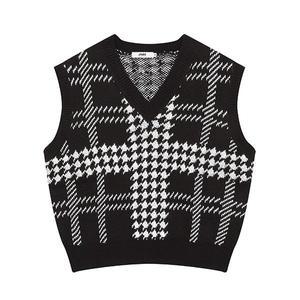 [잠뱅이]여성)  하운드 투스 체크 니트베스트(오버핏)_AM4WSW855-BK