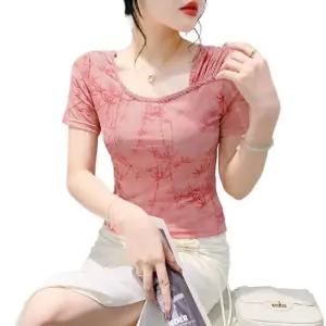 라틴 댄스복 라인처리 무대의상 연습복 여성 상의 반팔