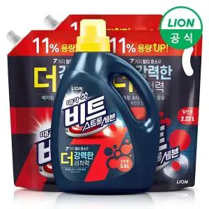 [라이온코리아]비트 강력 세탁 스트롱세븐 액체세제 3L용기 + 2.22L리필 3개