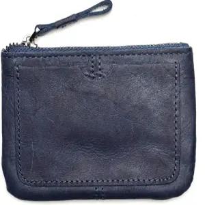 여성용 정품 가죽 동전 지갑 파우치 남성 빈티지 소가죽 그레인 슬림 미니 메탈 지퍼(다크 블루)
