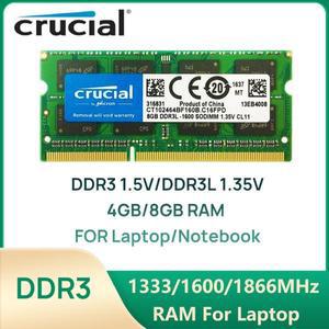 크루셜 노트북 메모리 DDR3L 1.35V/DDR3 1.5V 1333 1600 1866 MT/s MHz 4GB 8GB RAM 204핀 SO-DIMM 스틱(노