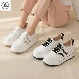 [애슬릿] 여성 가죽 키높이 운동화 밴딩 끈 캐주얼 스니커즈