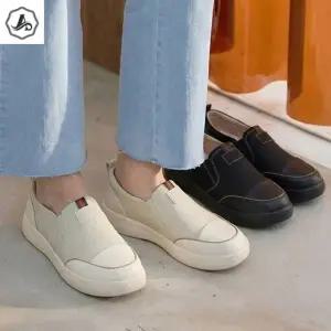 [애슬릿] 끈없는 가죽 플랫 단화 여성 밴딩 스니커즈 발 편한