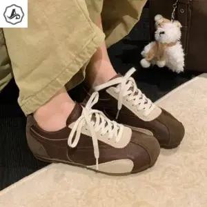 [애슬릿] 소 가죽 둥근코 스니커즈 여성 캐주얼 플랫 운동화