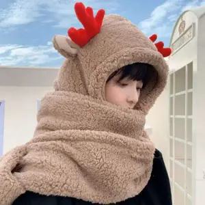 쿠얼 귀여운 겨울 루돌프 털 머플러 후드모자