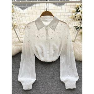 2024년 봄 여성용 긴팔 폴로 카라 자수 프린트 별 셔츠, 패셔너블하고 우아한 최고급 여성 셔츠